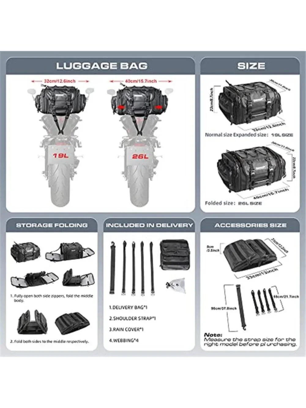 New Rhinowalk Motorcycle Tail Bag Expandable Motorcycle Travel Luggage 26L